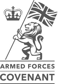 Logo for Armed Forces Covenant, featuring a lion holding the Union Flag next to a crown